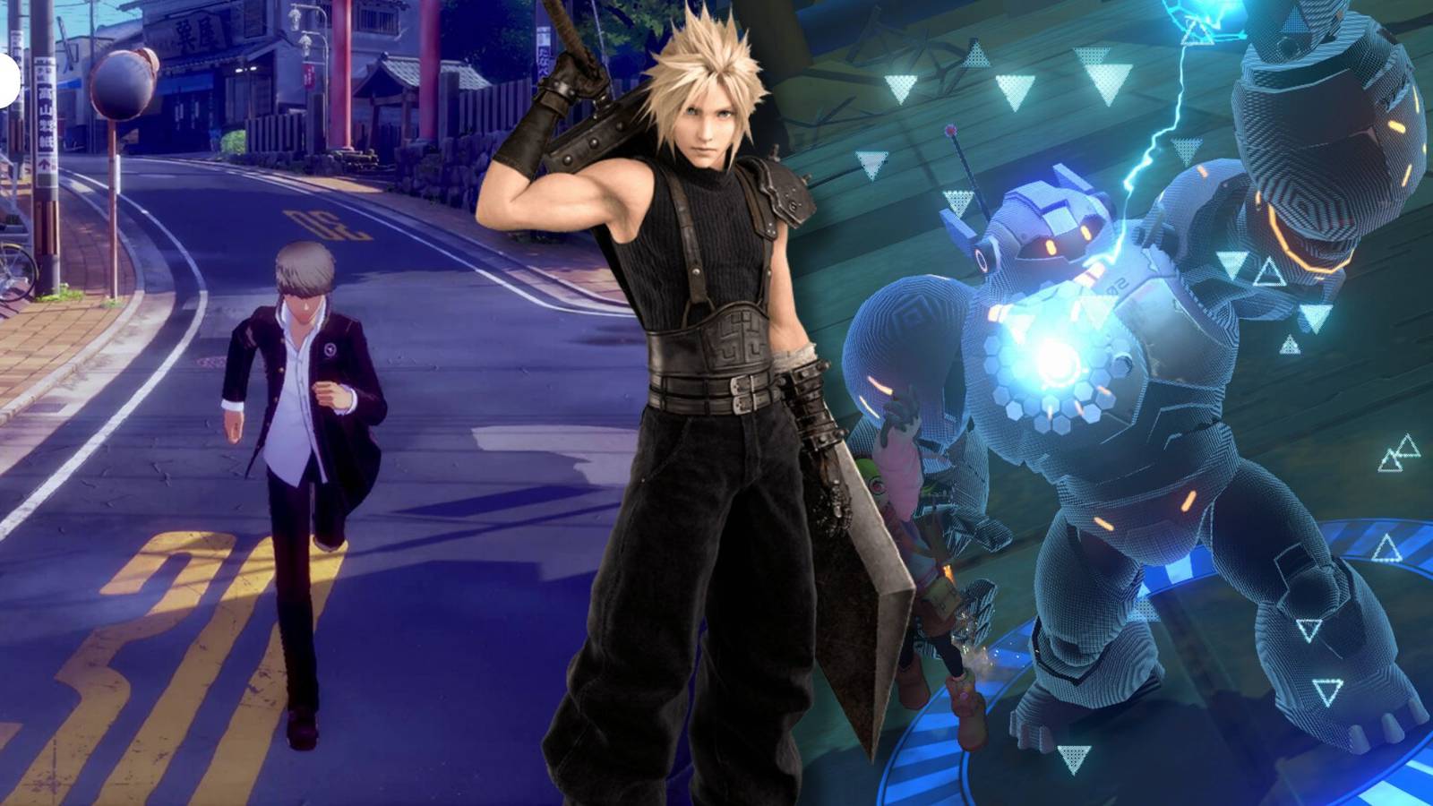 A collage of two upcoming JRPGs - Persona 4 Revival and Starbites - alongside Cloud Strife from Final Fantasy 7 Rebirth.