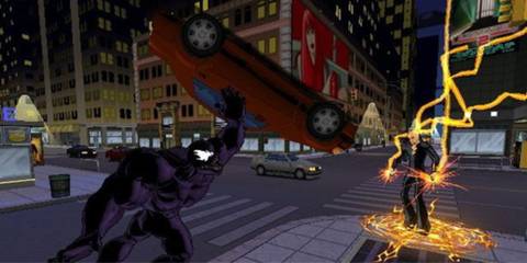 Venom throwing a car at Electro - Ultimate Spider-Man