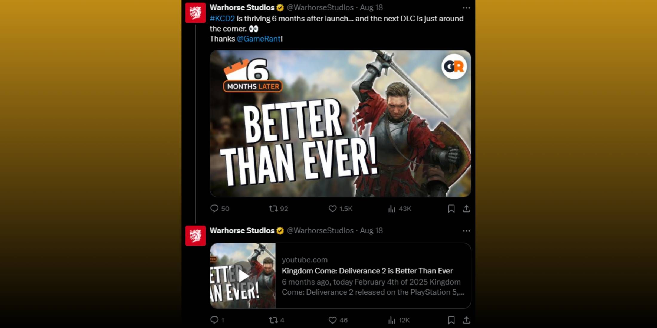 Warhorse Studios resharing The Best War Games Kingdom come deliverance 2 video