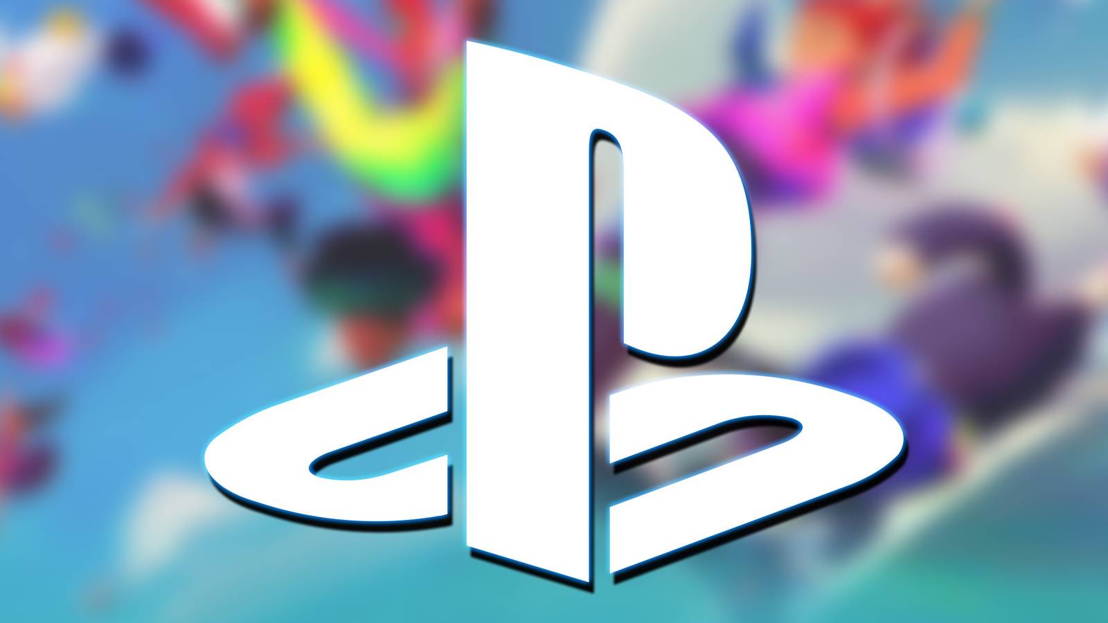 white PlayStation logo emblem glowing outline over blurred Gummy Bears concept art 2x1 composite