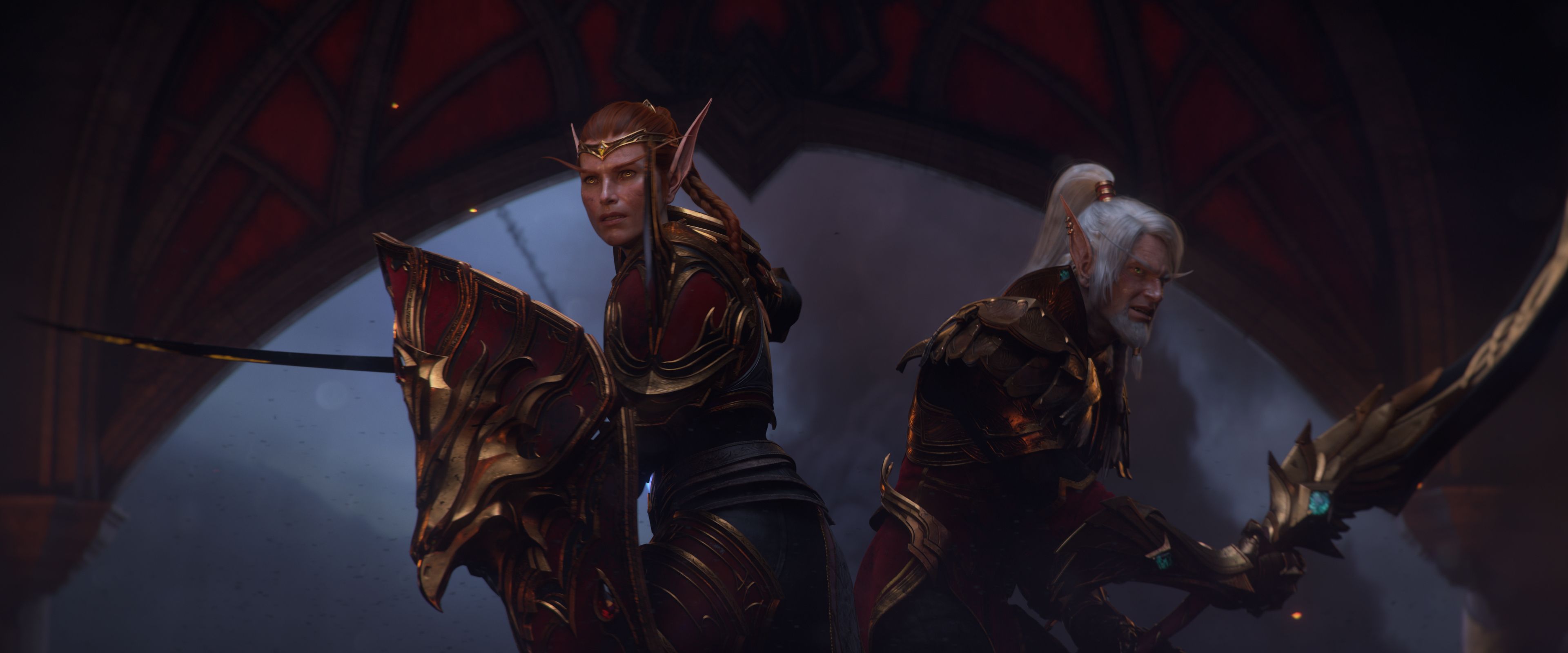 Cena cinematográfica de World of Warcraft com foco em personagens