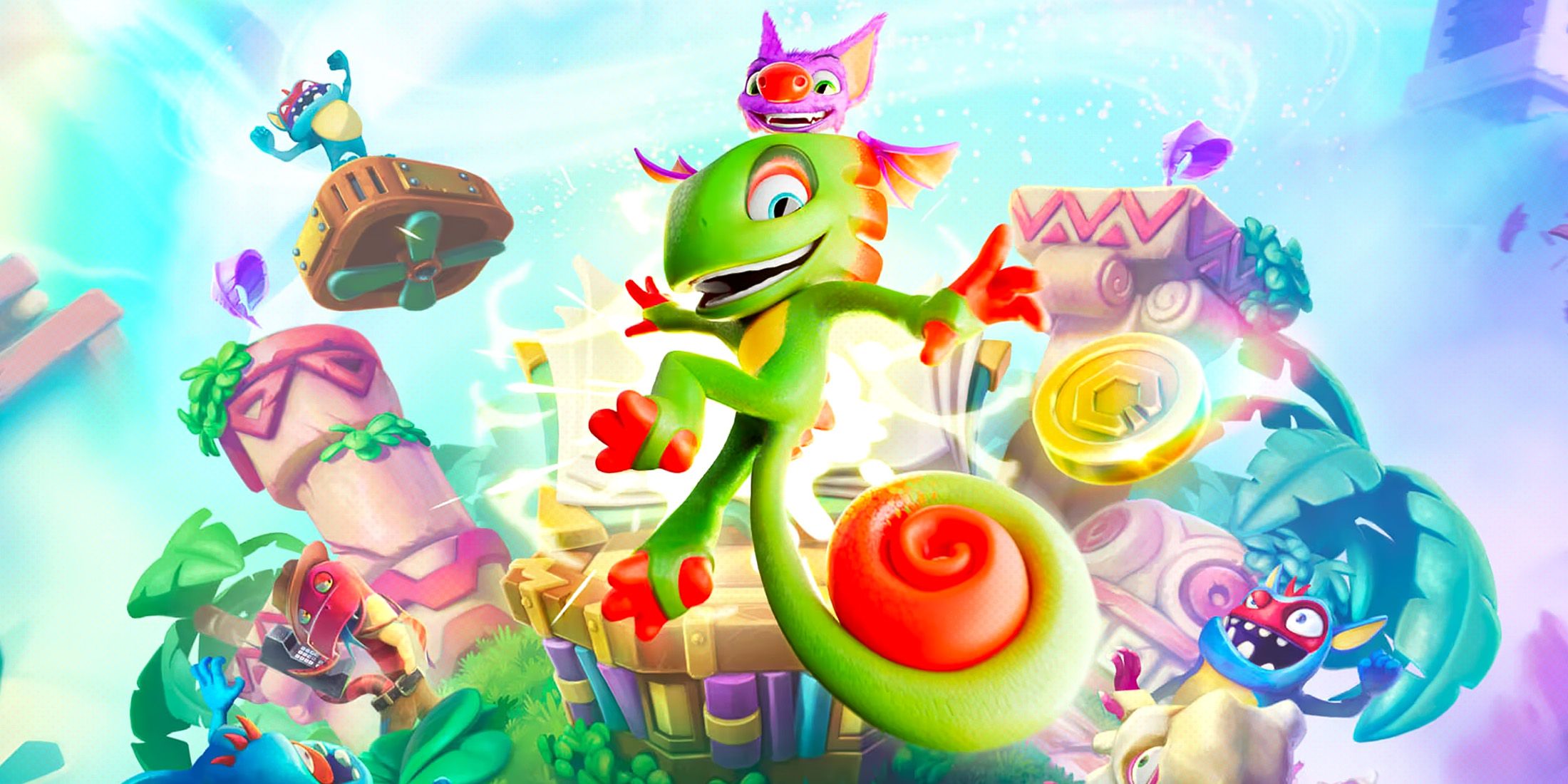 Yooka-Replaylee cover artwork 2x1 crop with faint dot halftone shading effect pattern composite
