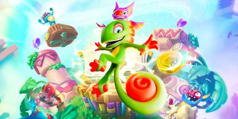 Yooka-Replaylee cover artwork 2x1 crop with faint dot halftone shading effect pattern composite