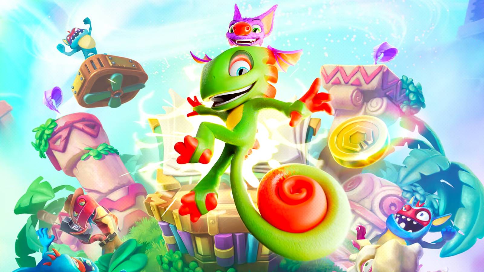 Yooka-Replaylee cover artwork 2x1 crop with faint dot halftone shading effect pattern composite