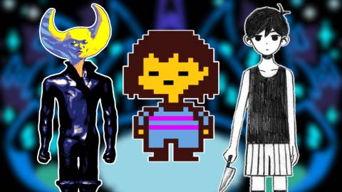 A collage of the main characters from three critically-acclaimed indie RPGs: Hylics, Undertale and Deltarune.
