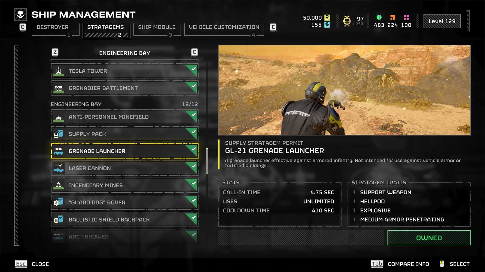 HD2 Grenade Launcher info window