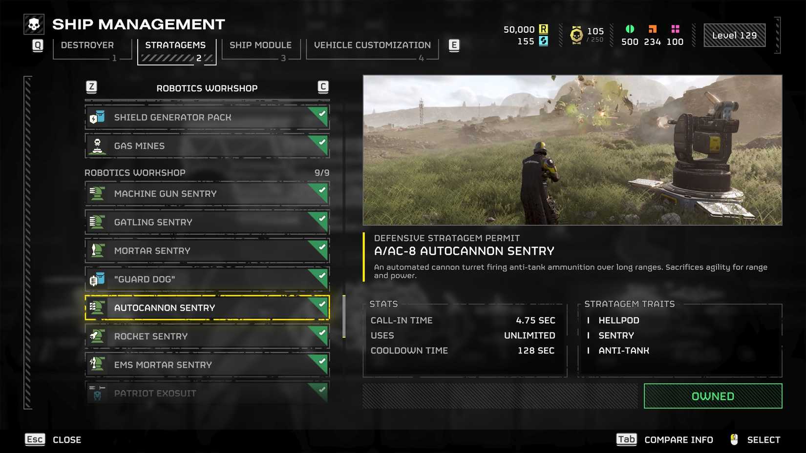 HD2 Autocannon Sentry info window