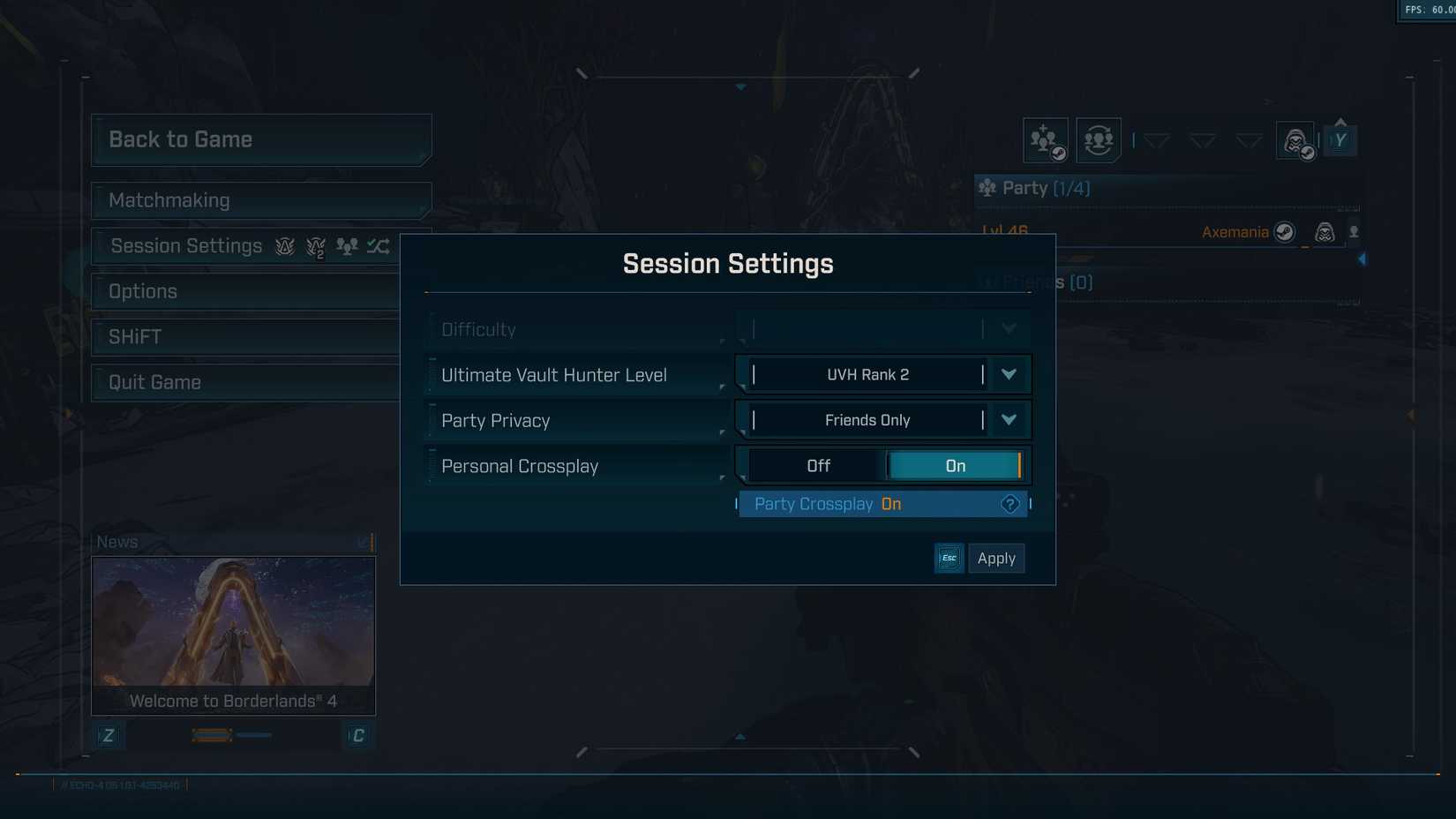 BL4 Crossplay toggle
