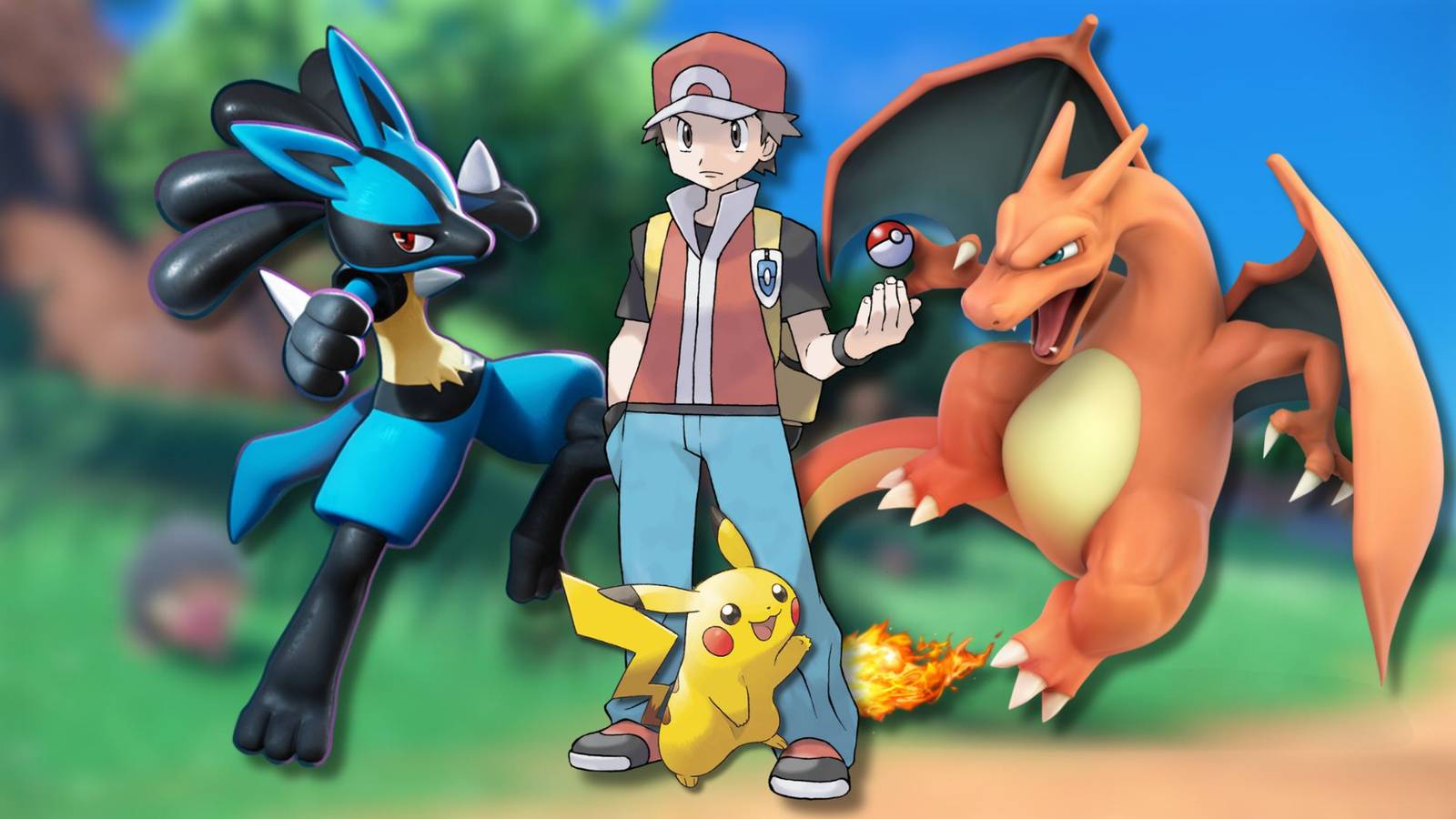 A collage of Red alongside three iconic Pokemon: Lucario, Pikachu and Charizard.