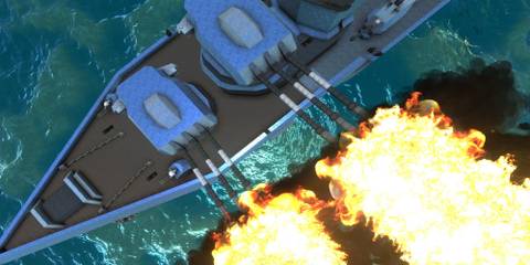 A battleship firing its guns in From the Depths