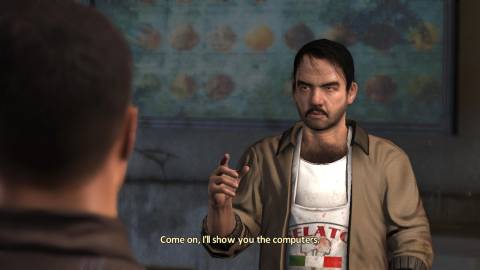 A cutscene in Alpha Protocol