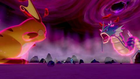 A Dynamax Raichu fighting a Dynamax Gyarados - Pokemon Sword and Shield