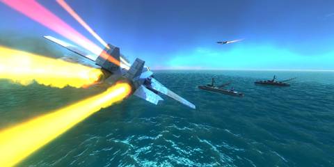 A fighter jet flying towards ships in From the Depths