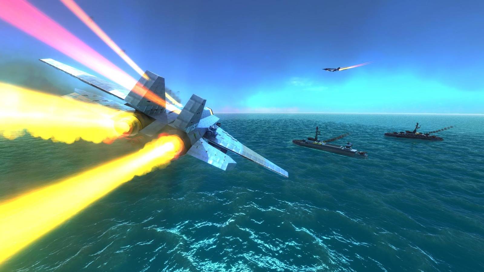 A fighter jet flying towards ships in From the Depths