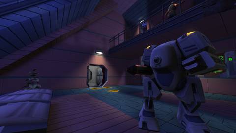 A mech inside a futuristic room in System Shock 2