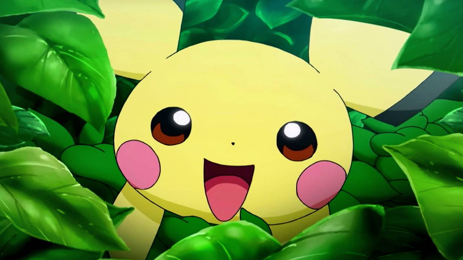 adorable Pokemon Pichu looking happy while peeking through foliage