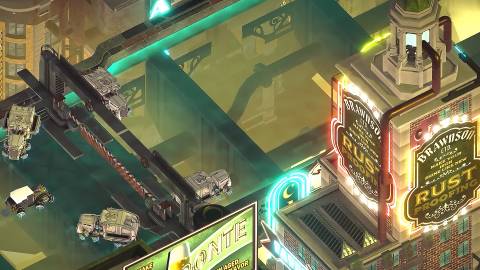 Aether and Iron trailer still frame retro futuristic city isometric view with some cars and building with Brawnson advert