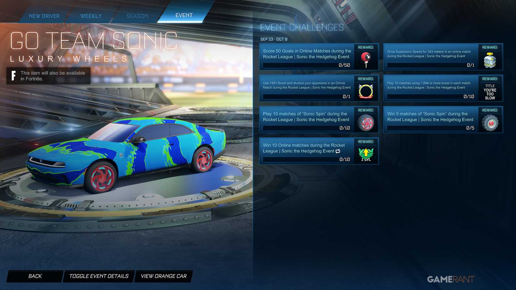 All Rocket League x Sonic The Hedgehog Event Rewards