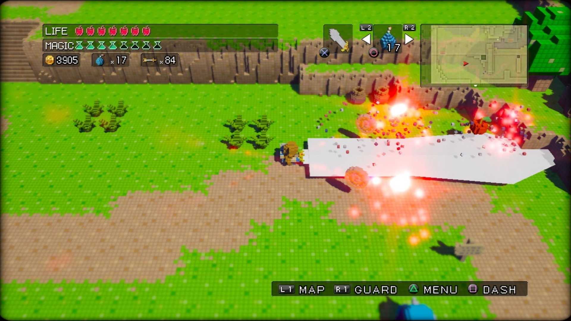 Attacking enemies with a big sword in 3D Dot Game Heroes
