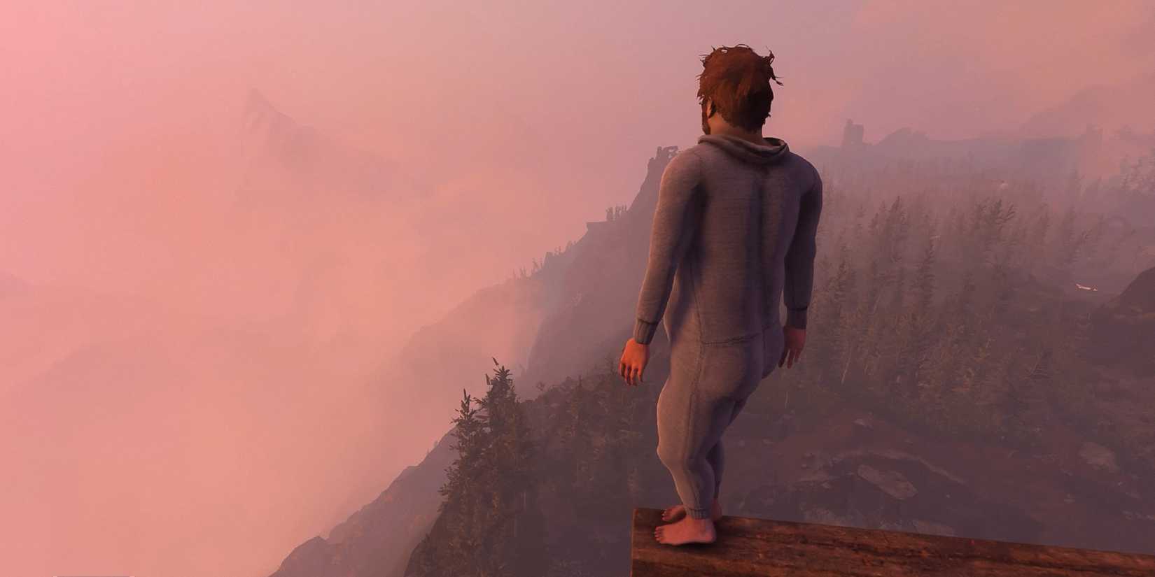 baby-steps-game-rant-advance-gameplay-nate-standing-on-wood-beam-looking-at-landscape