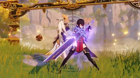 Beidou protecting another character with her sword - Genshin Impact