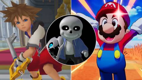 A collage of Sans (as seen in Super Smash Bros Ultimate) alongside two games that feel a lot like Undertale: Kingdom Hearts and Mario & Luigi: Brothership.