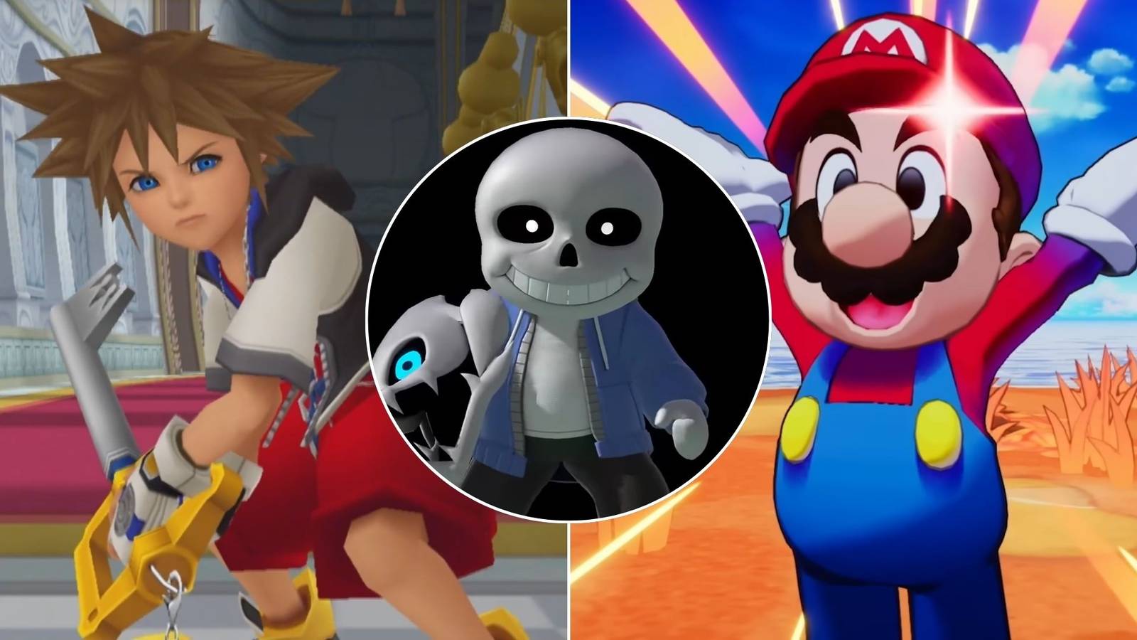 A collage of Sans (as seen in Super Smash Bros Ultimate) alongside two games that feel a lot like Undertale: Kingdom Hearts and Mario & Luigi: Brothership.