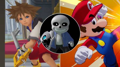 A collage of Sans (as seen in Super Smash Bros Ultimate) alongside two games that feel a lot like Undertale: Kingdom Hearts and Mario & Luigi: Brothership.