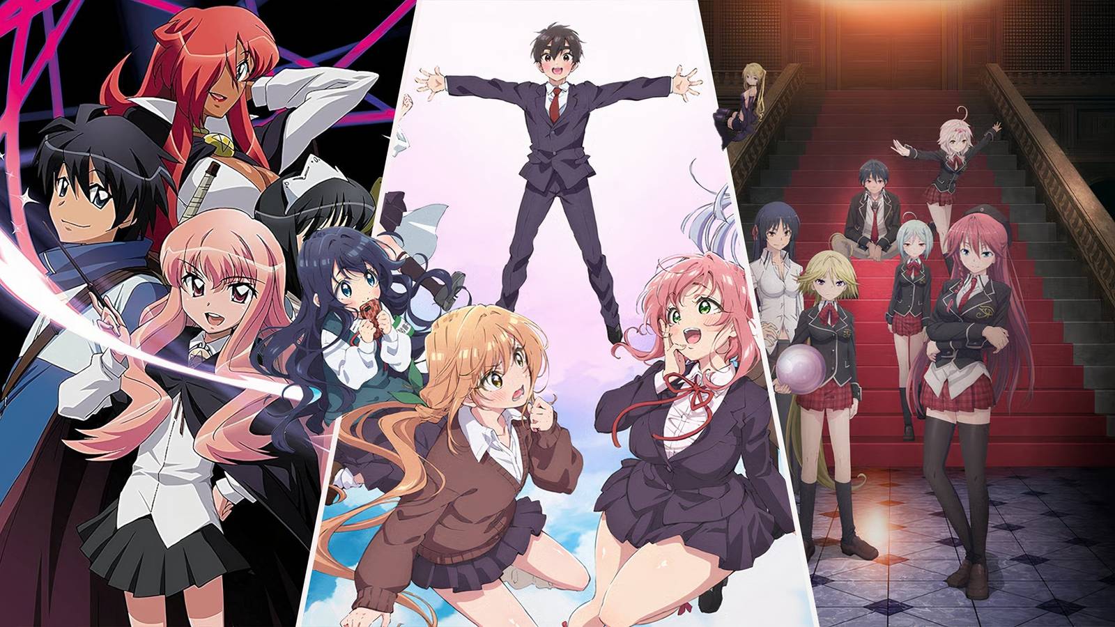 best harem anime ever 100 girlfriends, trinity seven, familiar of zero