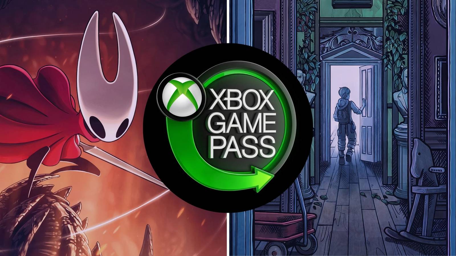 Hollow Knight Silksong and Blue Prince game covers behind Xbox Game Pass logo