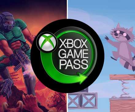 Split image of Doom 1993 and Ultimate Chicken Horse game covers behind Xbox Game Pass logo