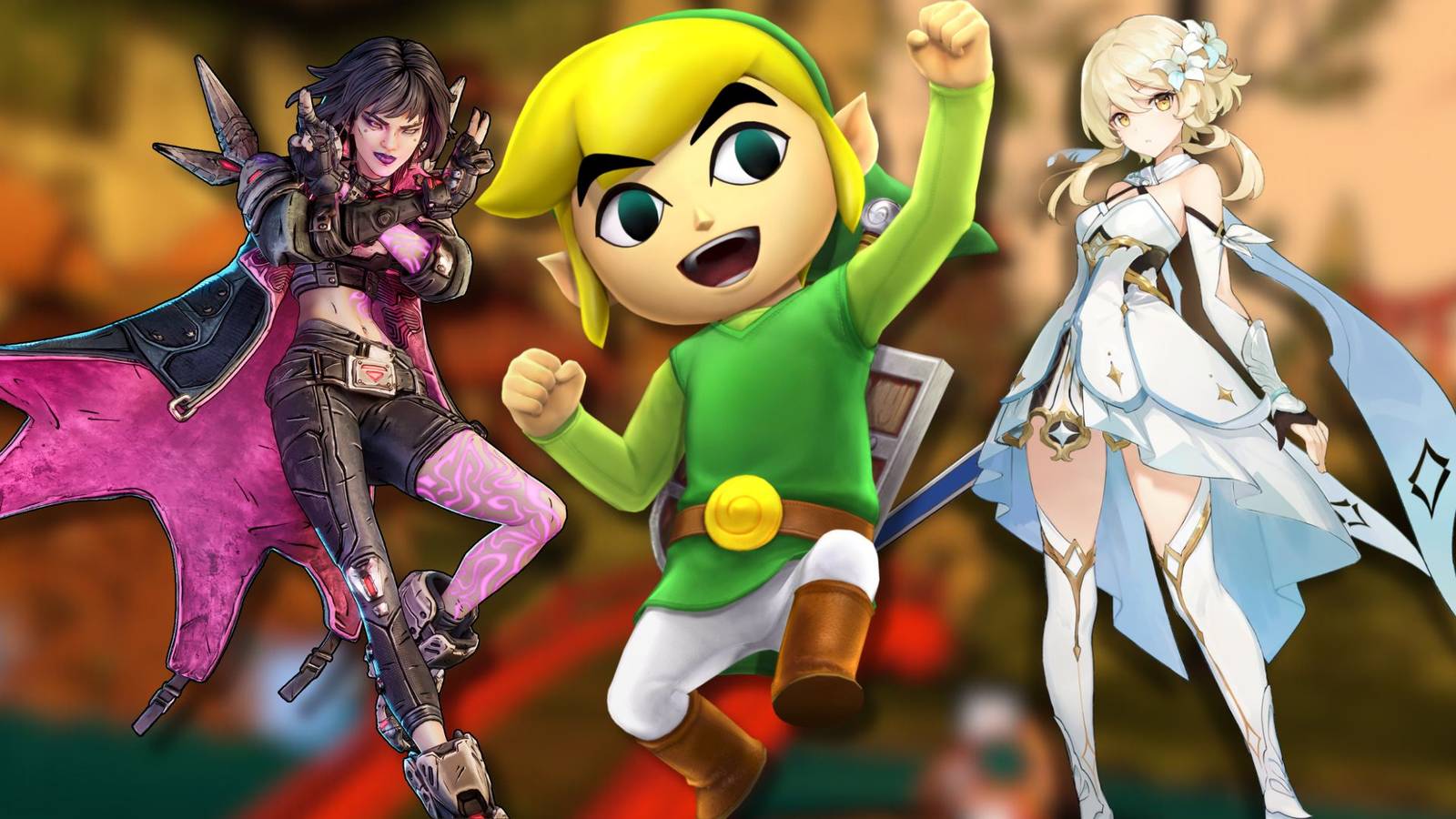 A collage of three beloved open-world games with cel-shaded graphics: Borderlands 4, The Legend of Zelda: The Wind Waker and Genshin Impact.