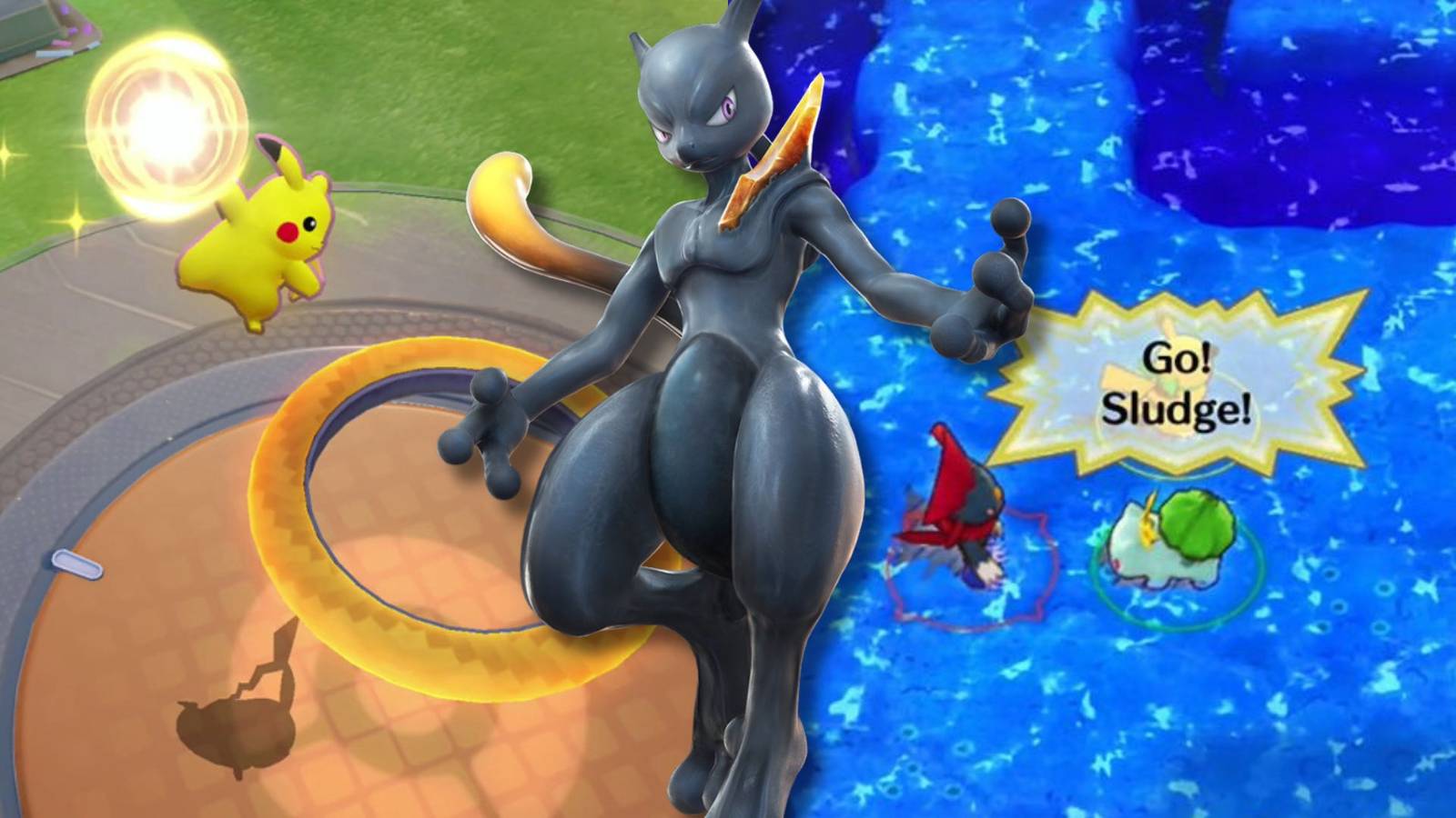 A collage of Pokemon games that let you play as a Pokemon: Pokemon Unite, Pokken Tournament and Pokemon Mystery Dungeon: Rescue Team DX.