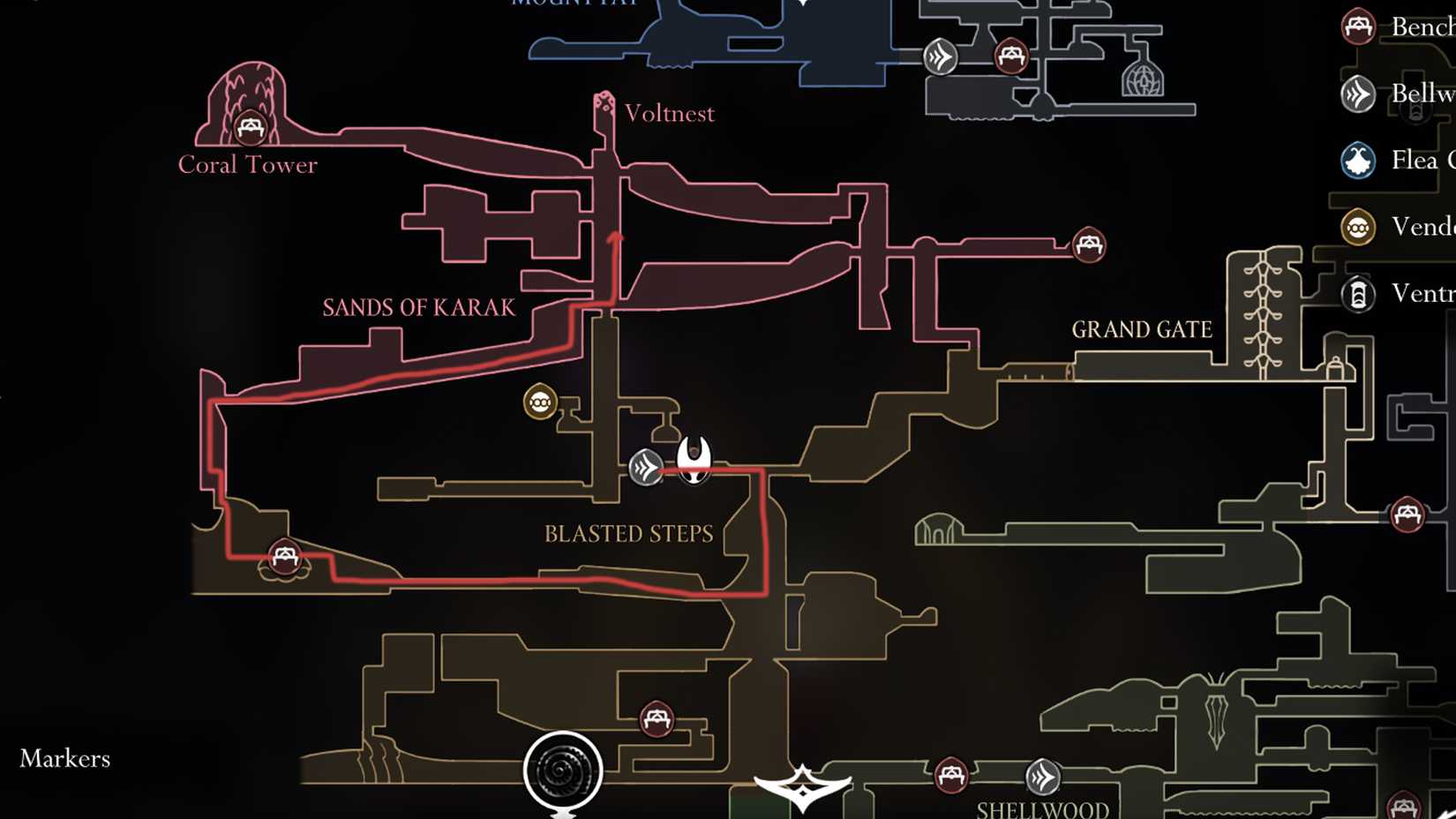 degraus destruídos para o atalho das areias de KarakHornet obtendo Filamento Volt em Silksong | Dropraro