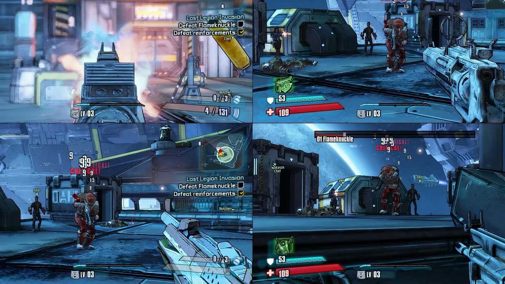 Four people playing Borderlands: The Pre-Sequel together.