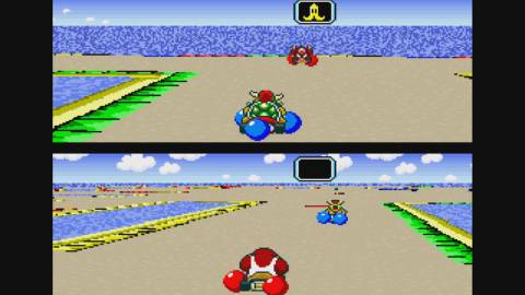Bowser and DK Jr. face each other in Battle Mode - Super Mario Kart