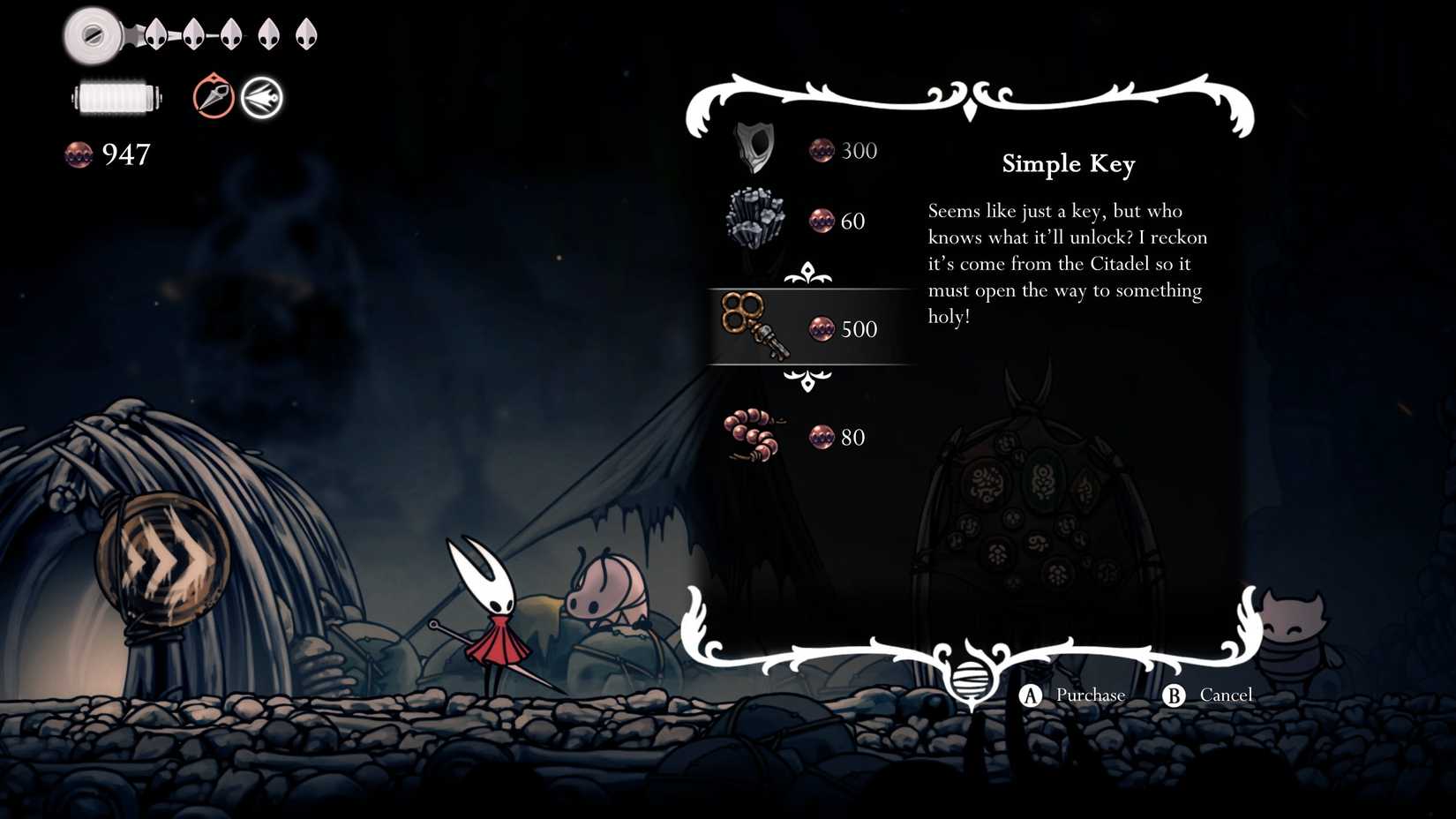 Comprando Chave Simples de Pebb em Silksong Ardósia em Silksong - Guia Flintslate com Dano de Fogo | Dropraro