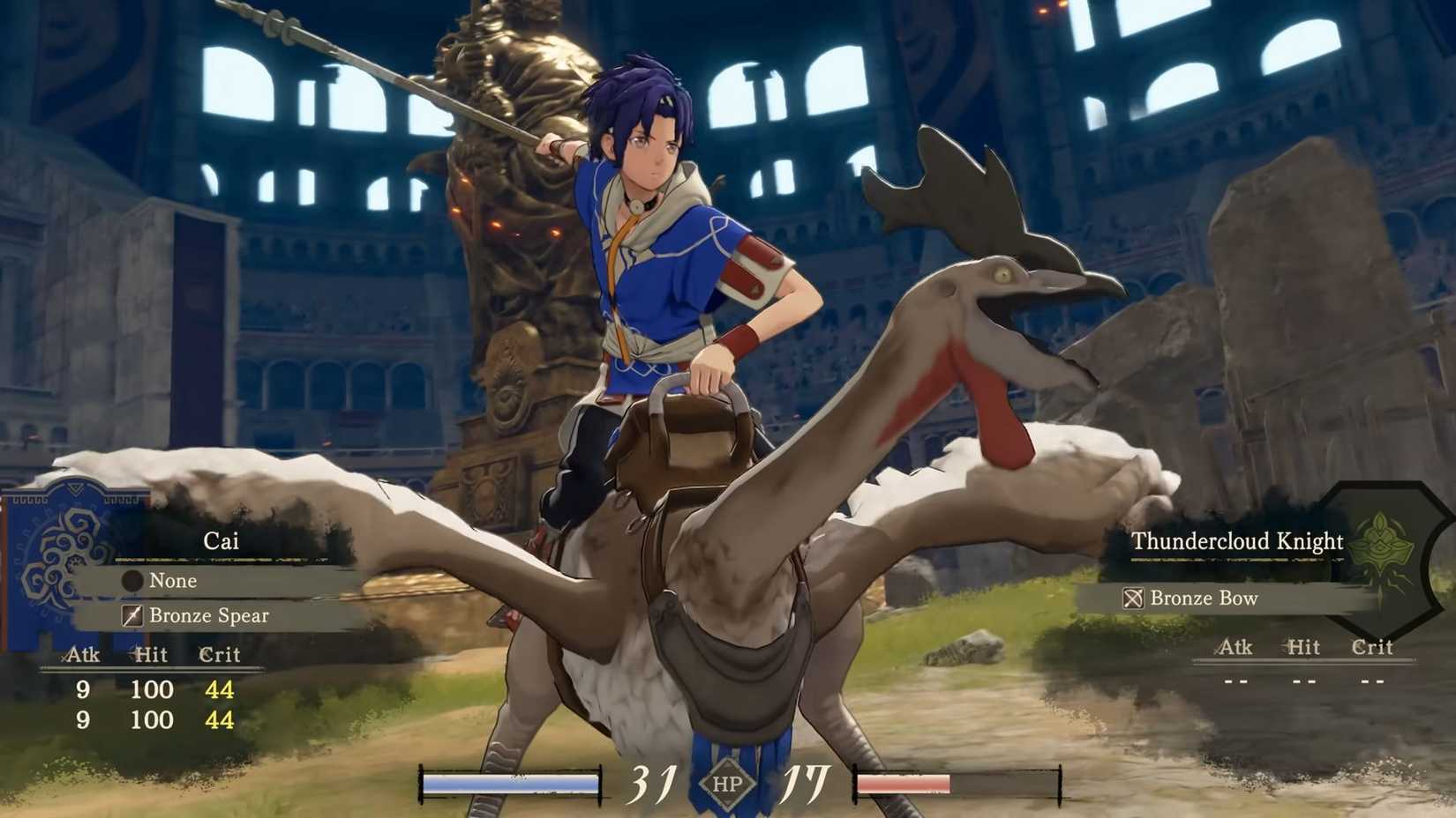 Cai attacking an enemy while riding a mount - Fire Emblem Fortune's Weave