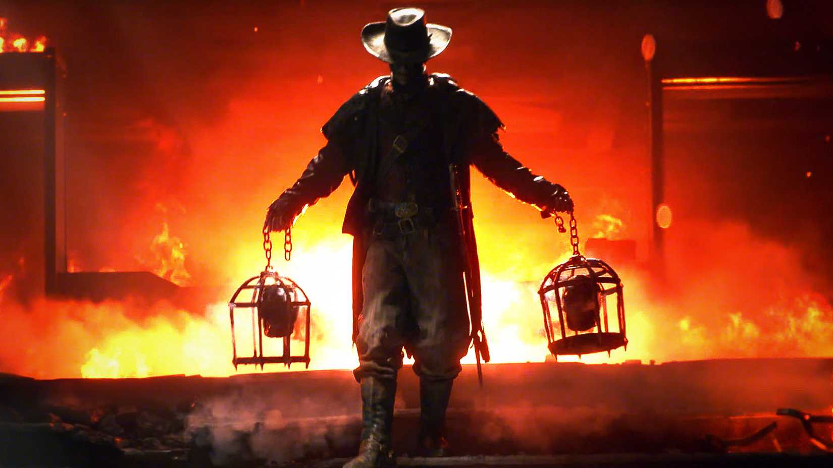 Call of Duty Black Ops 7 Zombie carrying two heads in cages fire background