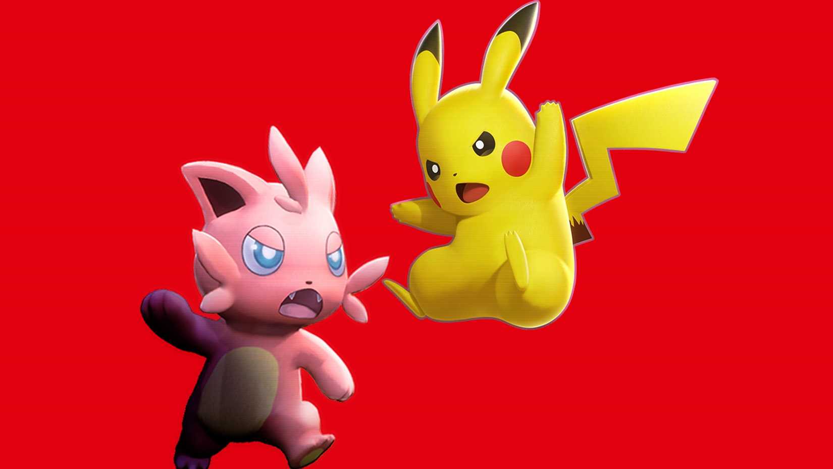 Cattiva vs Pikachu Palworld vs Pokemon fight red background with faint crt lines