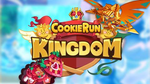 Cookie Run Kingdom characters with game logo blurred background composite