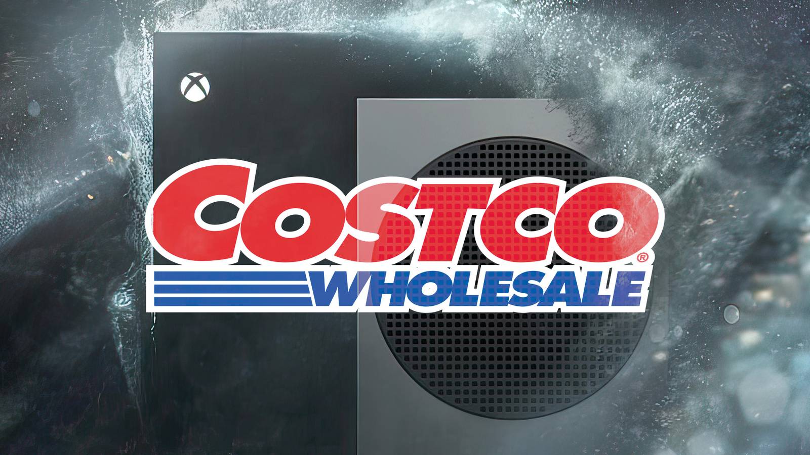 Costco Wholesale logo in front of Xbox Series X and S consoles hit by wave