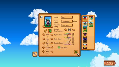 Creating a character in Stardew Valley