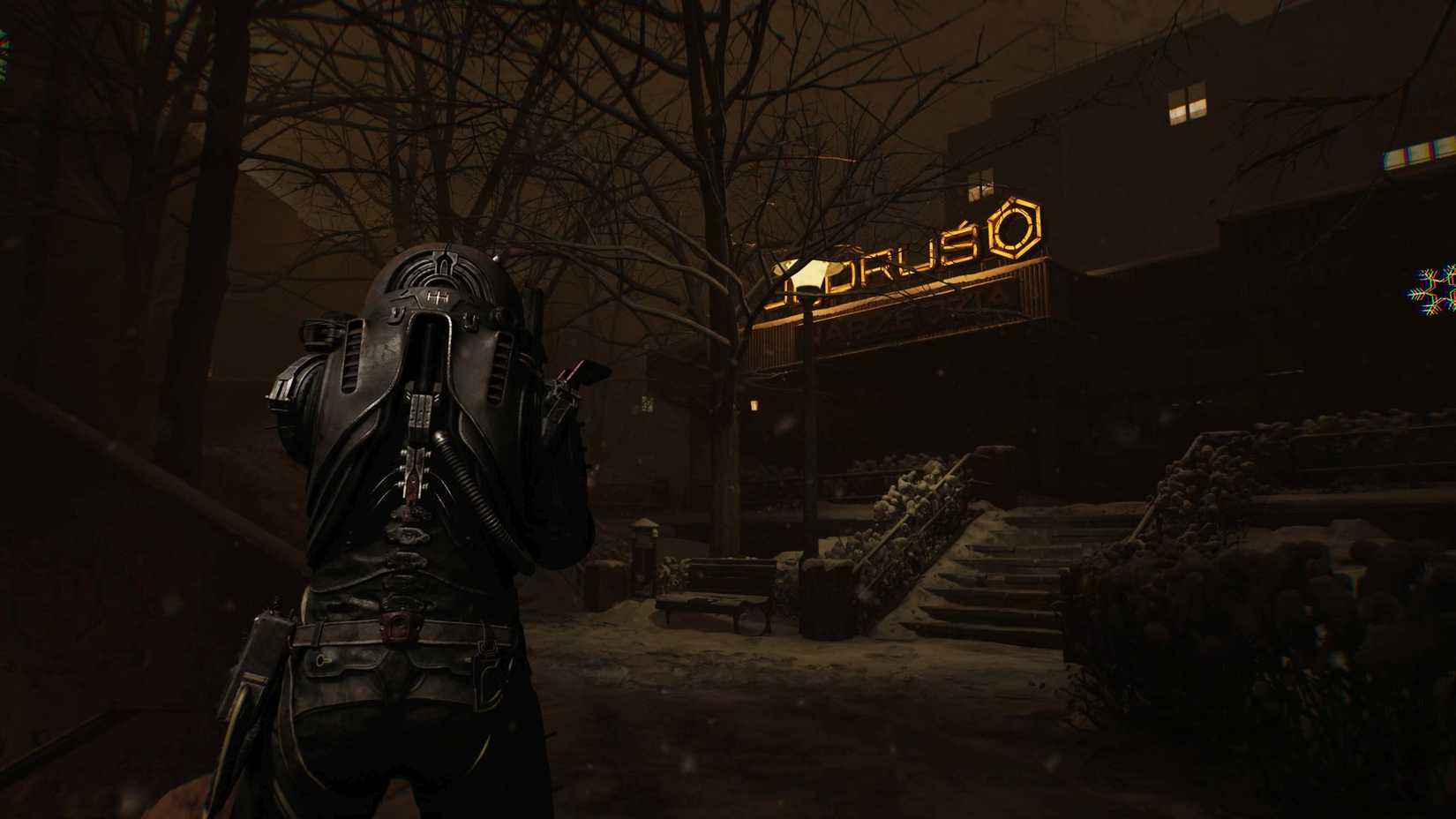 Cronos The New Dawn screenshot neon store sign in snow