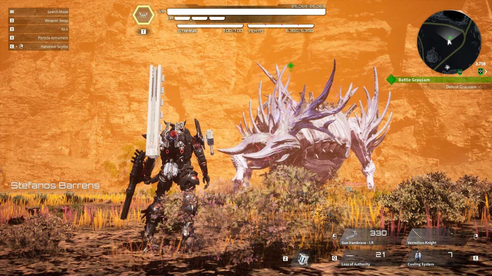 a boss fight in daemon x machina titanic scion.