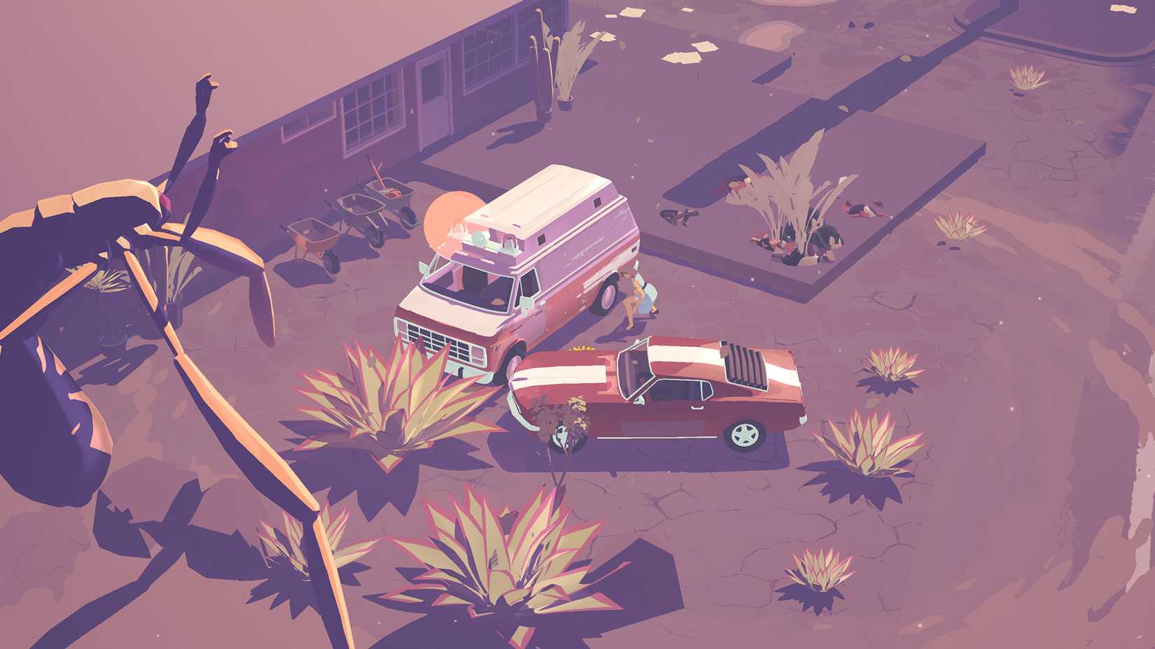 Tangkapan layar game Dead Static Drive menunjukkan karakter utama di tengah gurun dengan makhluk aneh di latar belakang.