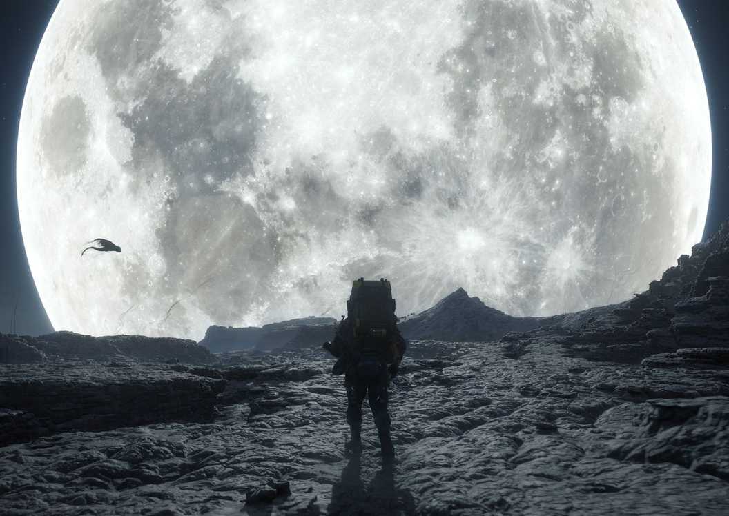 Gambar Resmi Death Stranding: Sam di malam hari melihat bulan