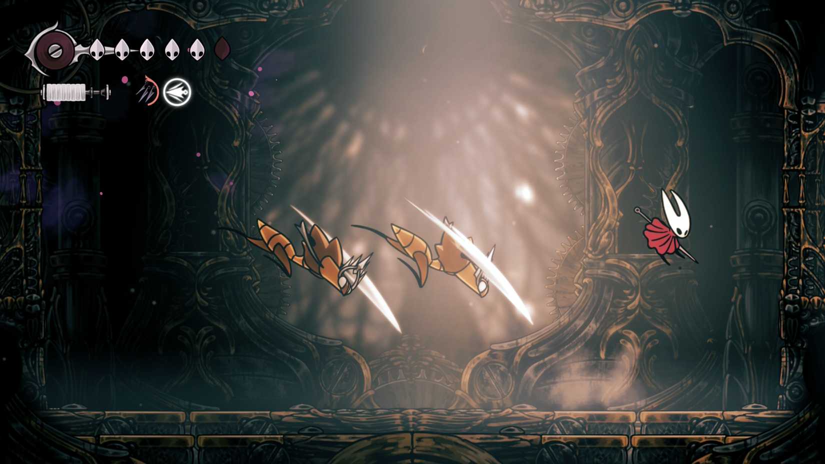 Dodging a Cogwork Dancers attack in Hollow Knight Silksong