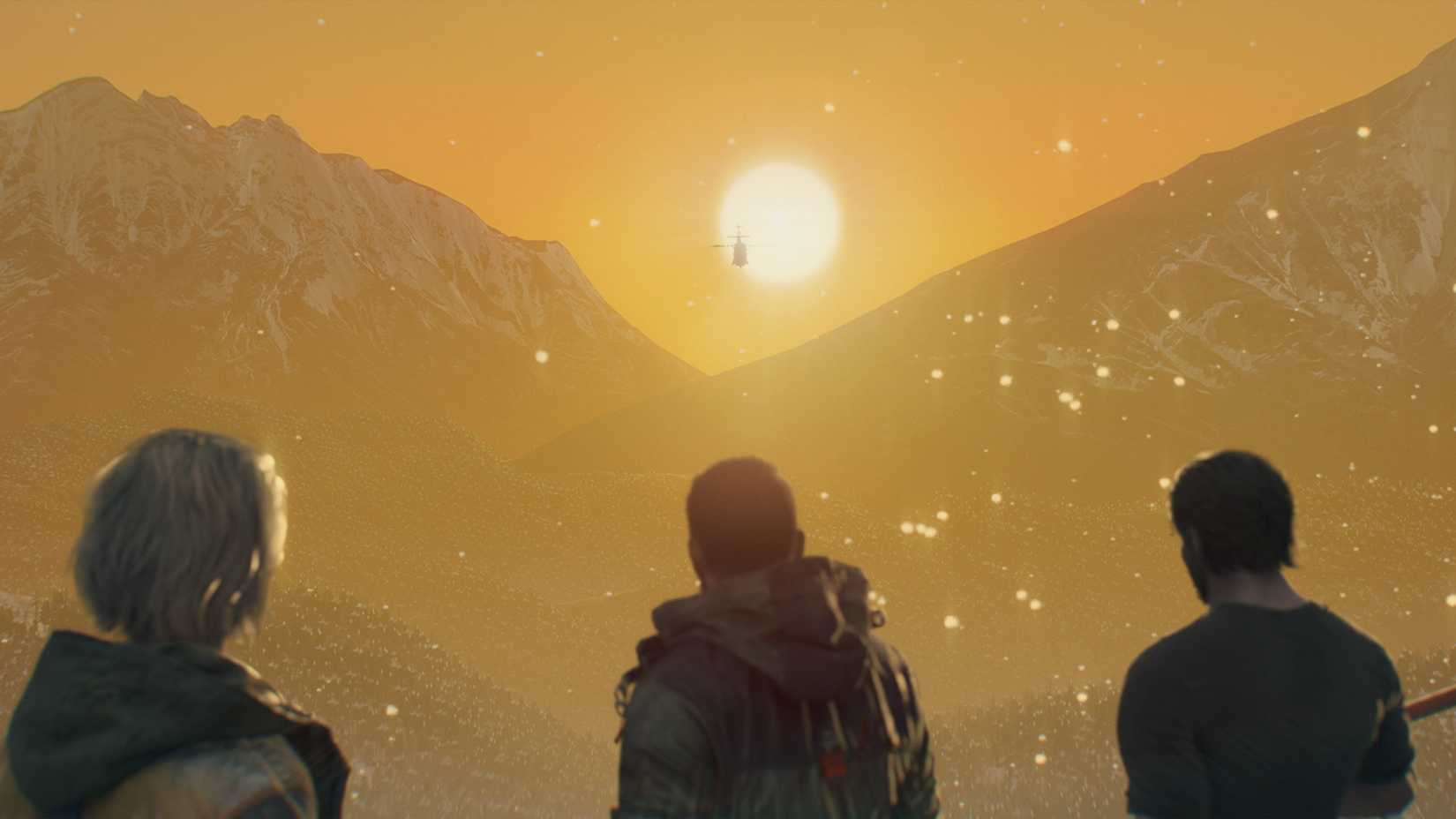 Dying lighting beasts Kyle Aidin and Lydia are looking at the helicopter in the sunset.