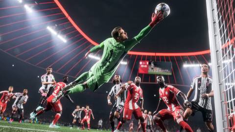 EA Sports FC 26 Neuer making a save promo screenshot in-goal camera view